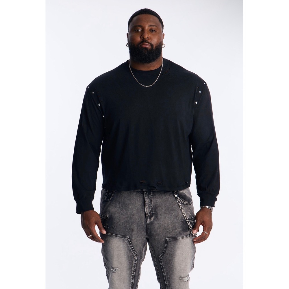 (S) Fashion Nova Men Distressed Edge Relaxed T Shirt Black‎ XL Studded NWT